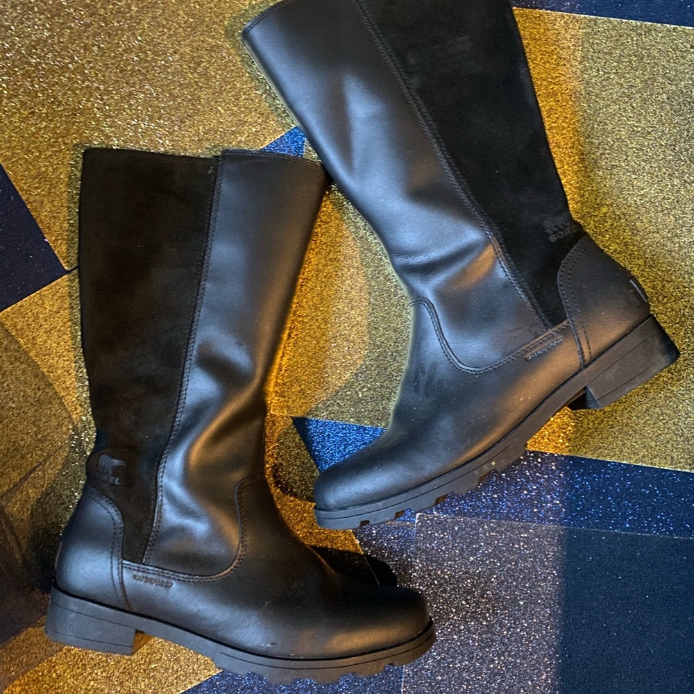SOREL BLACK LEATHER SUEDE UNIQUE LONG RAIN Boots
